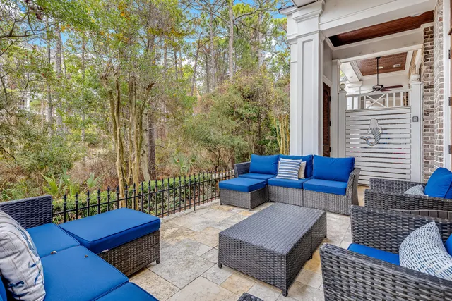 a building outdoor space with patio furniture