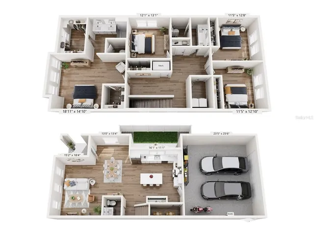 a front view of a house with a garden and patio