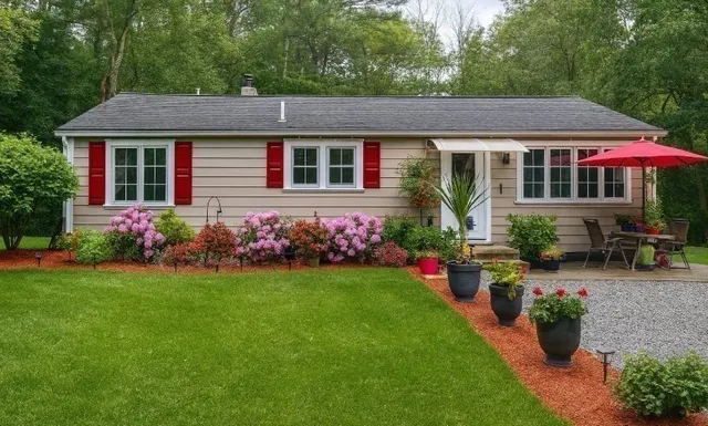 a front view of a house with a yard table and chairs