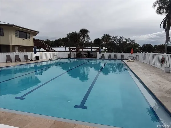 a view of a swimming pool with a lounge chair