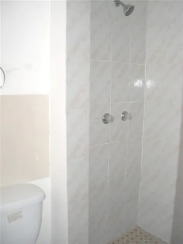 a bathroom with a shower and a toilet