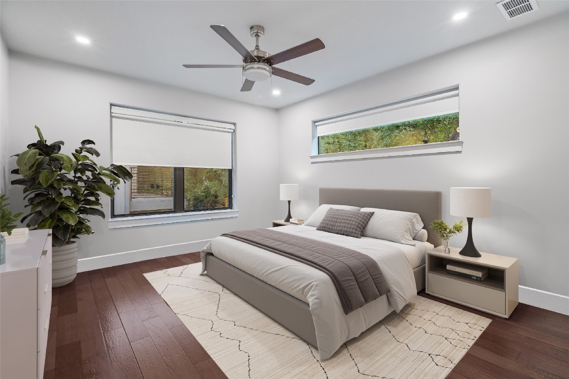 2811 Del Curto Road, Unit A Austin, TX 78704 - Photo 19 of 40 Bedroom featuring dark wood-style flooring, recessed lighting, and ceiling fan