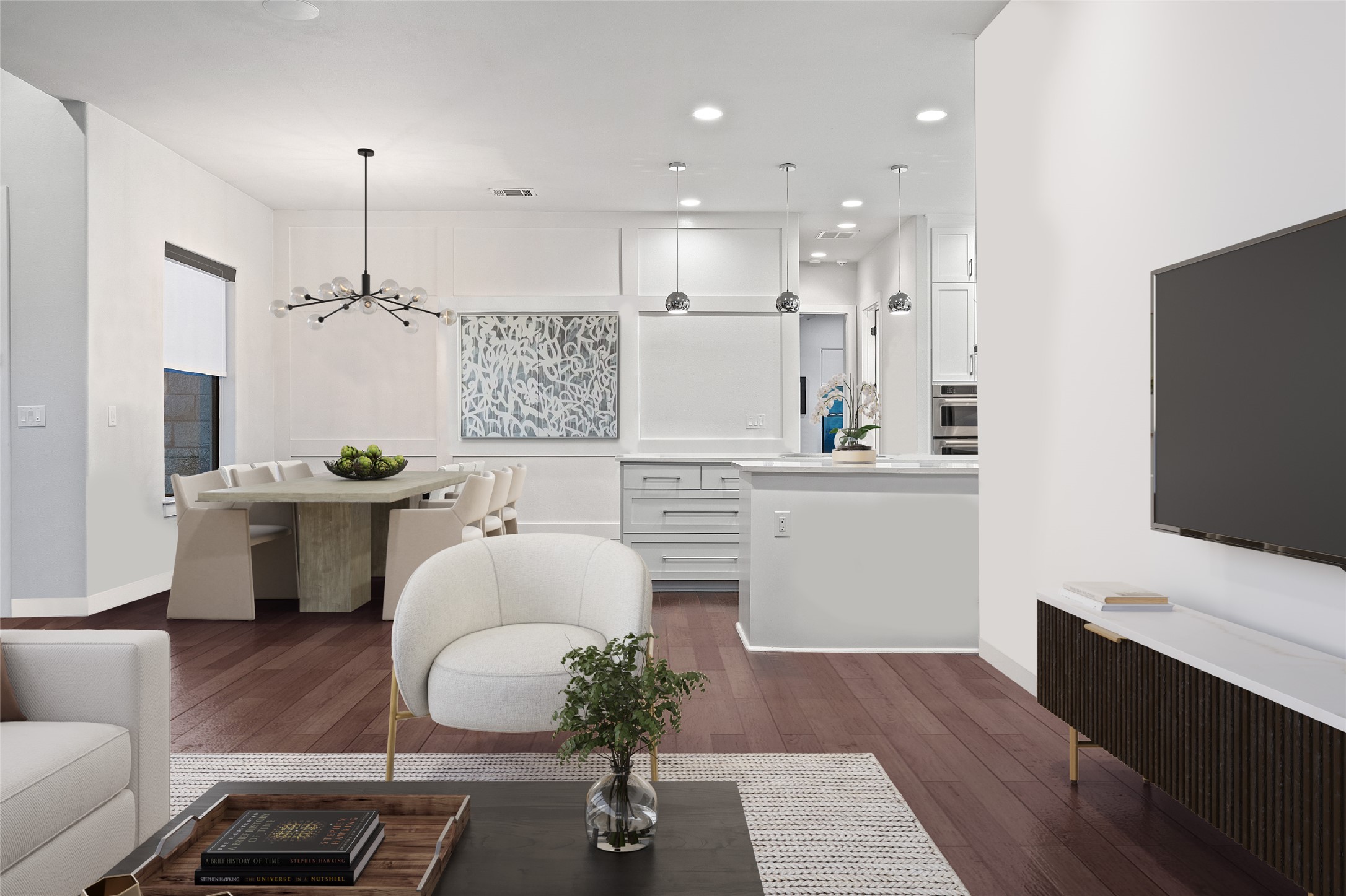2811 Del Curto Road, Unit A Austin, TX 78704 - Photo 9 of 40 a living room with furniture a flat screen tv and kitchen view