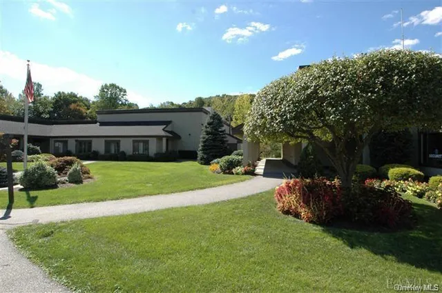 a view of a big yard with swimming pool and green space