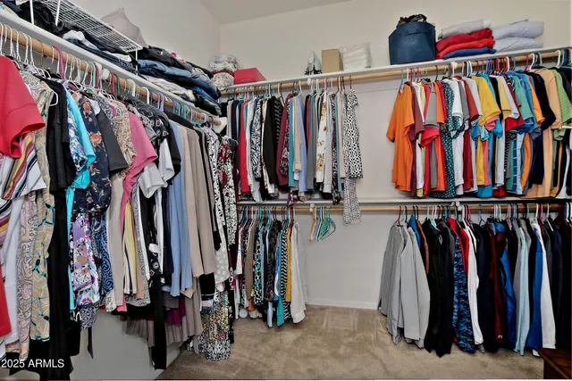 a view of walk in closet with clothes