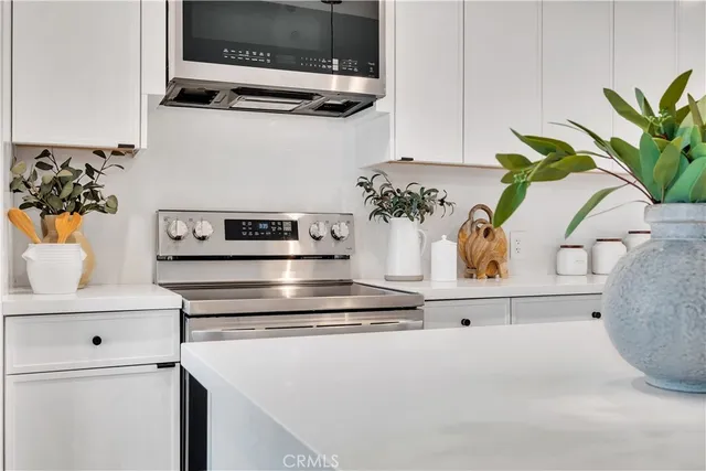 a kitchen with a potted plant on the counter and cabinets