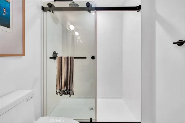 a bathroom with a shower and a toilet