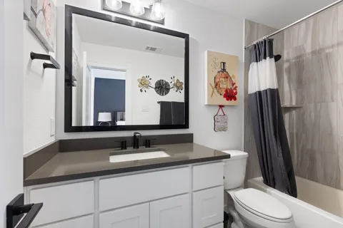 a bathroom with a granite countertop sink toilet a mirror a vanity and shower