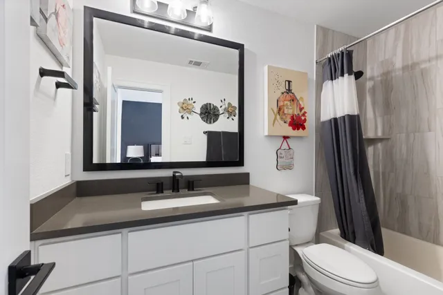 a bathroom with a granite countertop sink toilet a mirror a vanity and shower