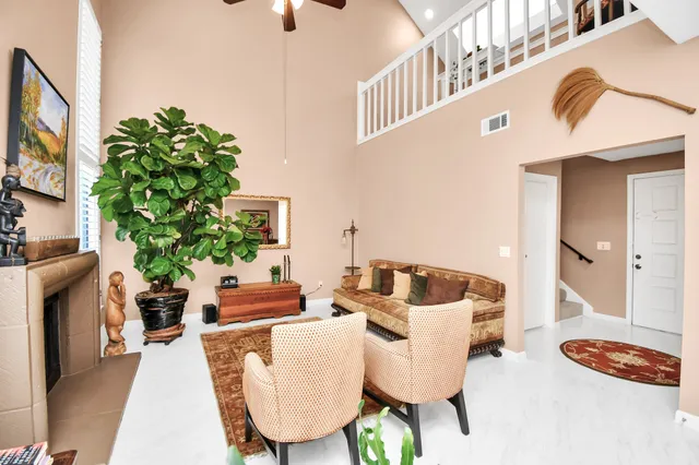 a living room with furniture and a potted plant