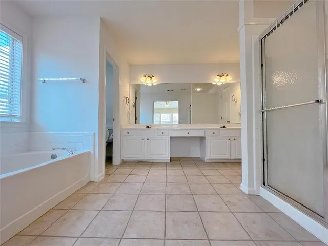 a large bathroom with a bathtub a sink a mirror and a shower