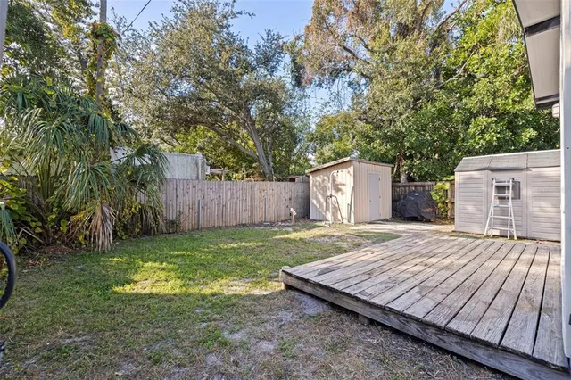 a view of a backyard with a large tree