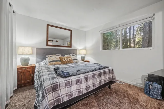 a bedroom with a bed a dresser and flowerpot