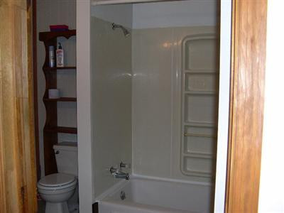The bathroom has a large walk-in closet.