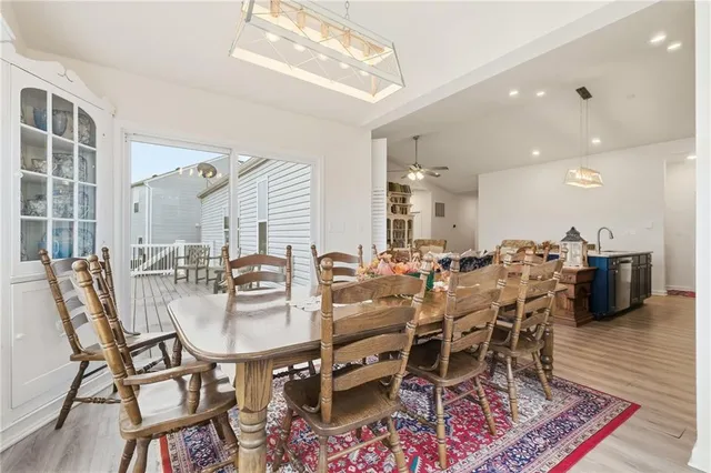 a view of a dining room with furniture