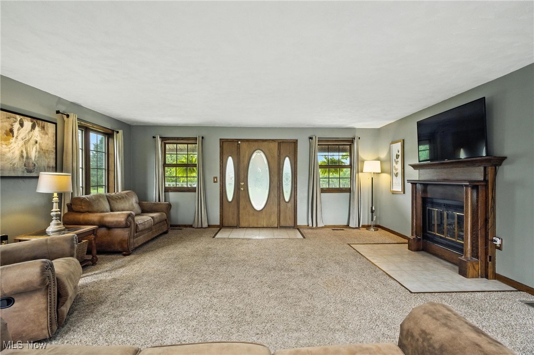 1371 Spider Ridge Road Parkersburg, WV 26104 - Photo 6 of 48 Carpeted living area featuring healthy amount of natural light and a fireplace with flush hearth
