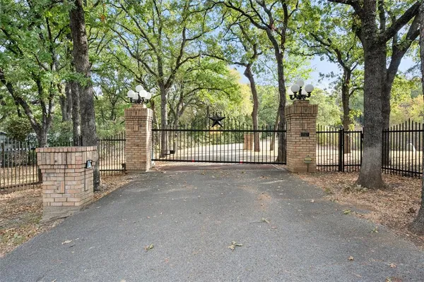 a view of backyard with large trees and wooden fence
