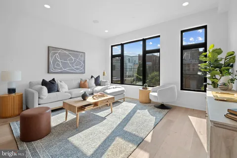 a living room with furniture and a potted plant