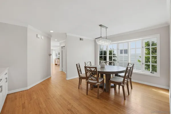 a view of a dining room with furniture window and wooden floor