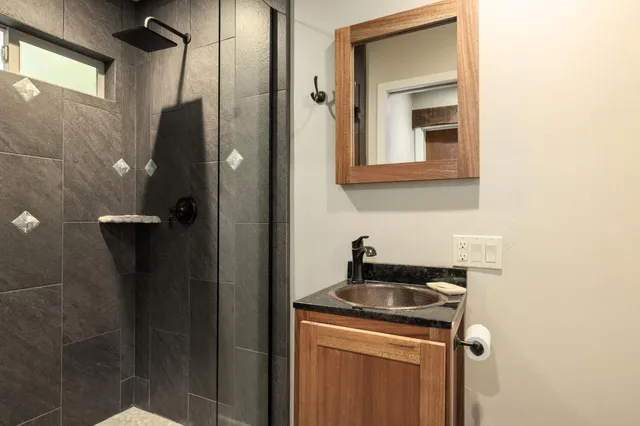 a bathroom with a sink a mirror and shower