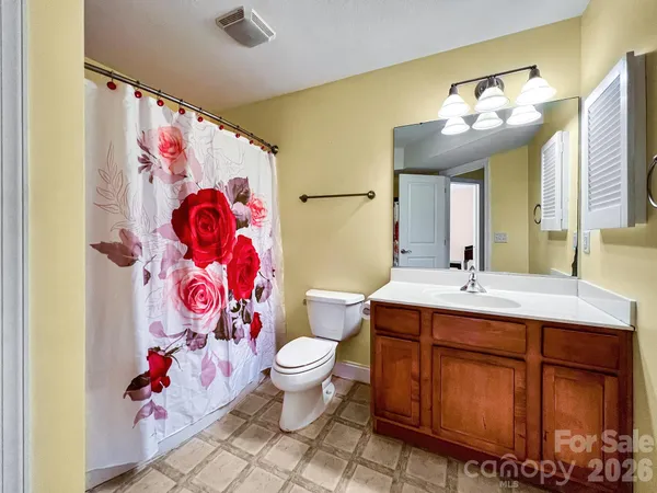 a bathroom with a sink mirror vanity and toilet