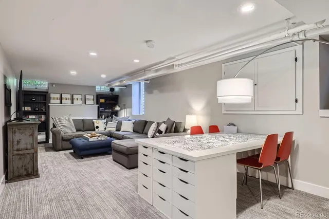 a view of a dining room with furniture