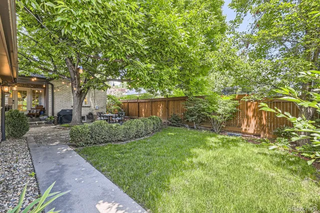 a view of a backyard with large trees