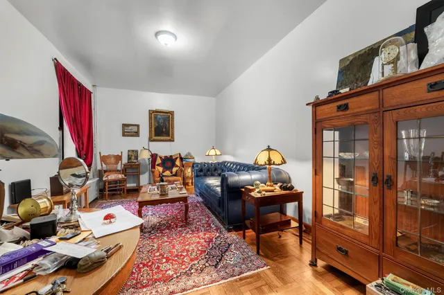 a living room with furniture a rug and a window