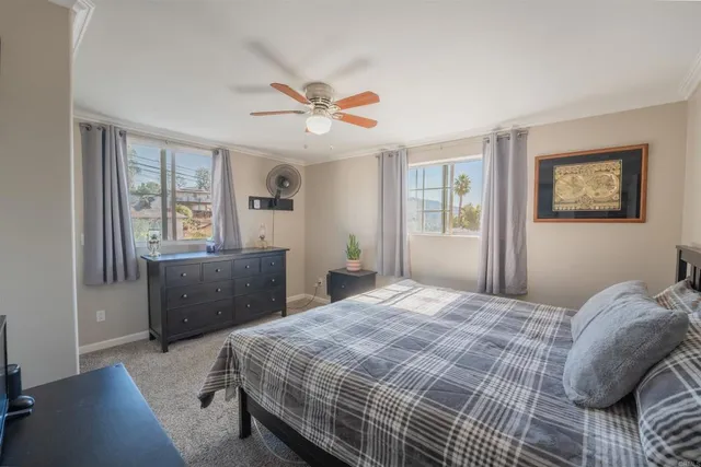 a bedroom with a large bed and a window