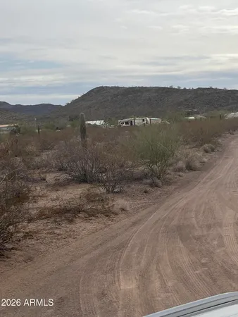a view of a dry yard with mountain