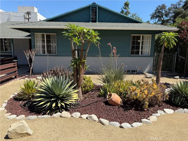 a potted plant sitting in front of a house