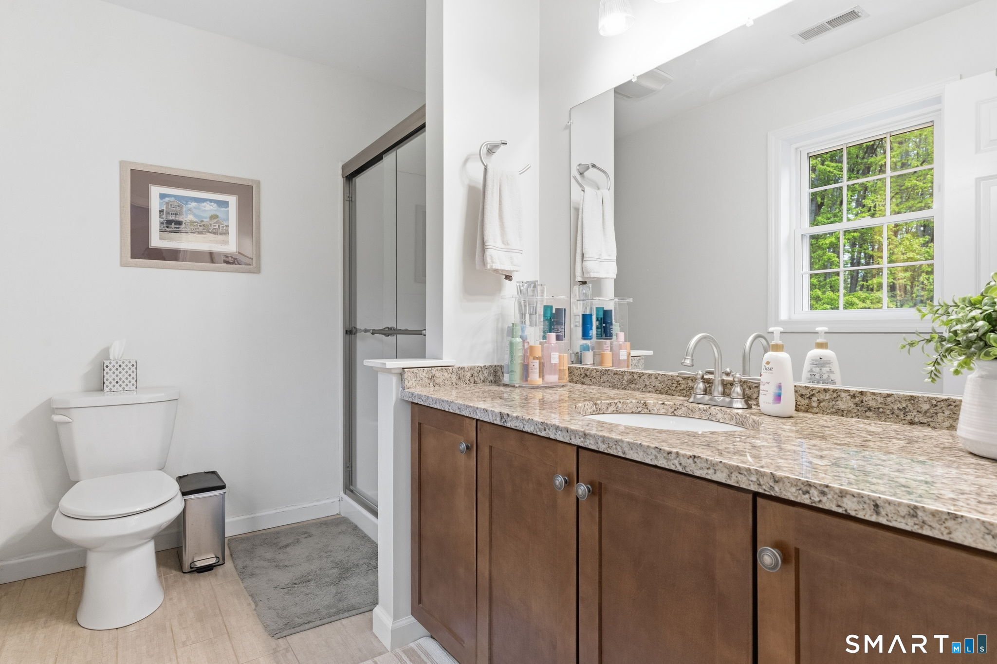 160 Canal Road Suffield, CT 06078 - Photo 23 of 40 a bathroom with a granite countertop toilet a sink and a window