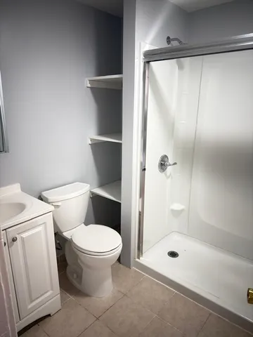 a bathroom with a shower and a toilet