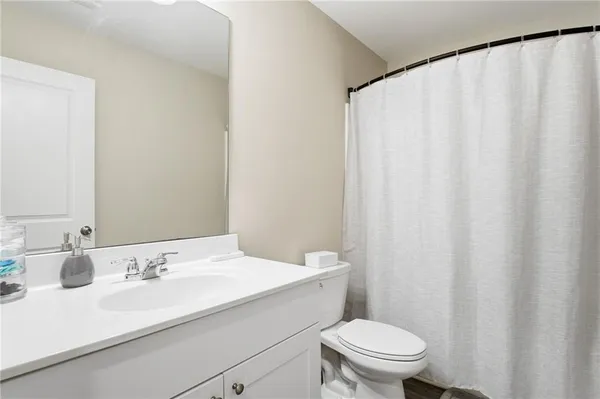 a bathroom with a sink a toilet and shower curtain