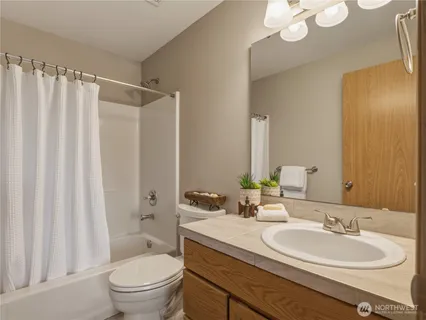 a bathroom with a double vanity sink toilet mirror and shower