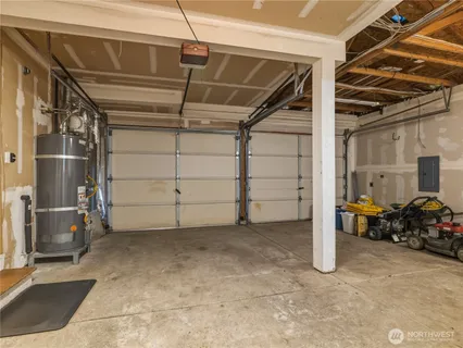 a view of a garage with storage
