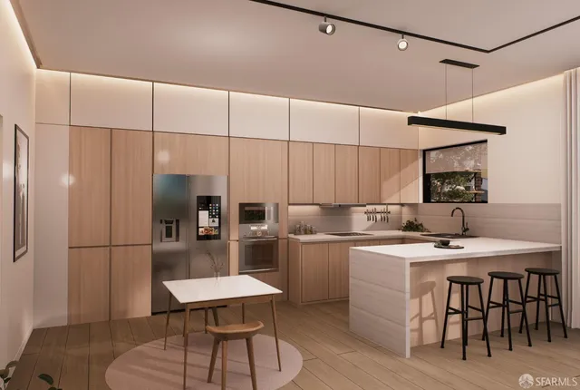 a kitchen with a table chairs and refrigerator