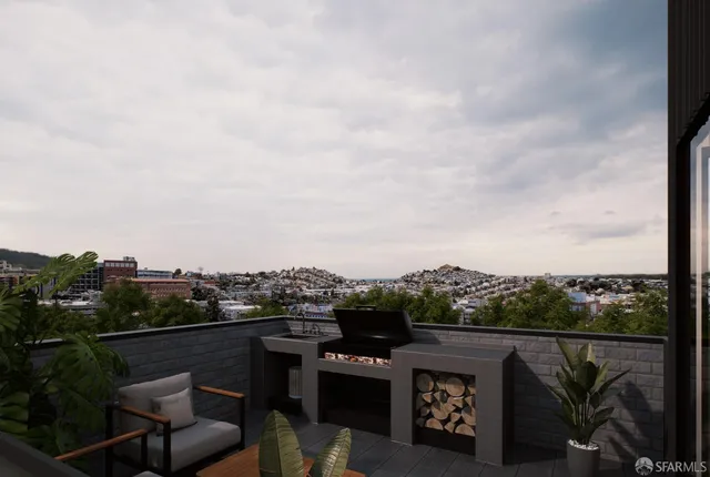 a view of roof deck with seating space and barbeque oven