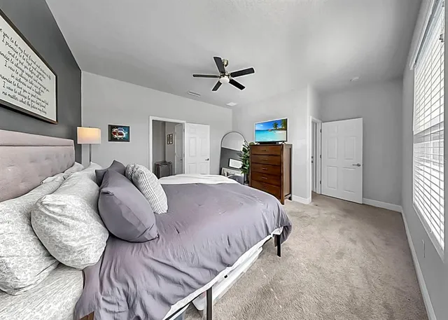 a bed room with a bed and a ceiling fan