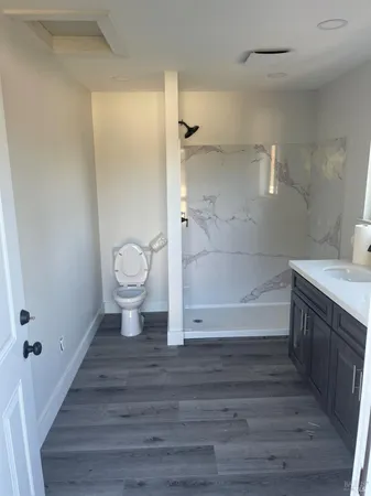 a bathroom with a shower and a toilet