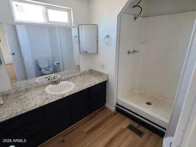 a bathroom with a granite countertop sink shower and a mirror
