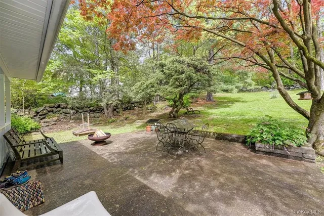 a view of backyard with outdoor seating and green space