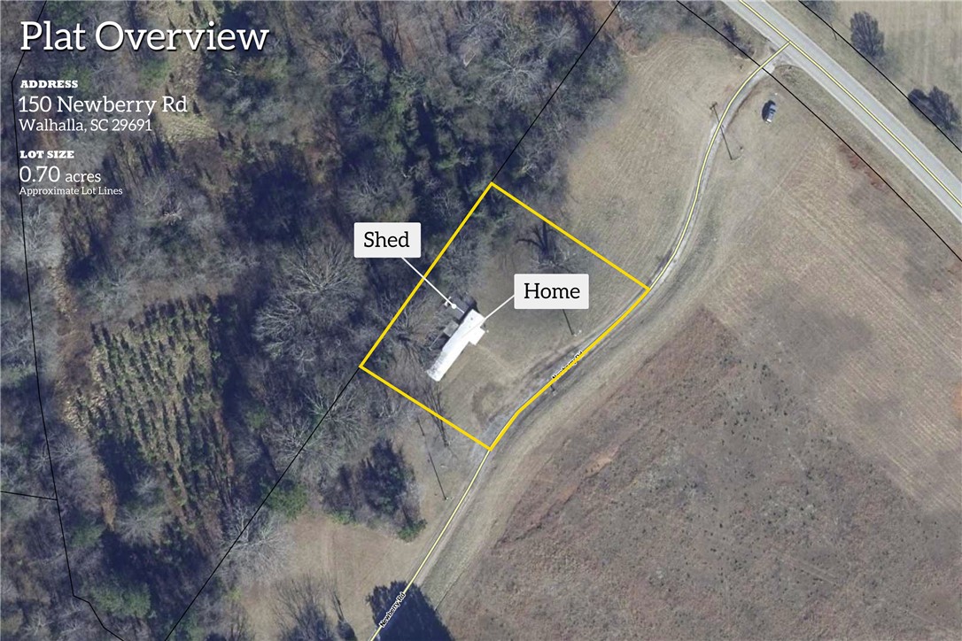 150 Newberry Road Walhalla, SC 29691 - Photo 33 of 47 A comprehensive aerial view details the property layout, including the primary residence and an auxiliary shed.