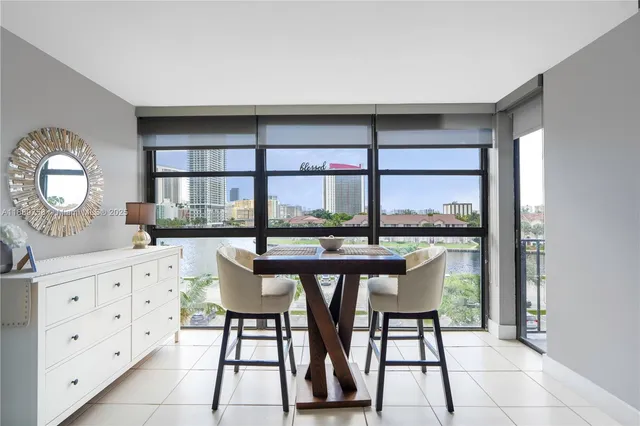 a view of a dining room with furniture window and outside view