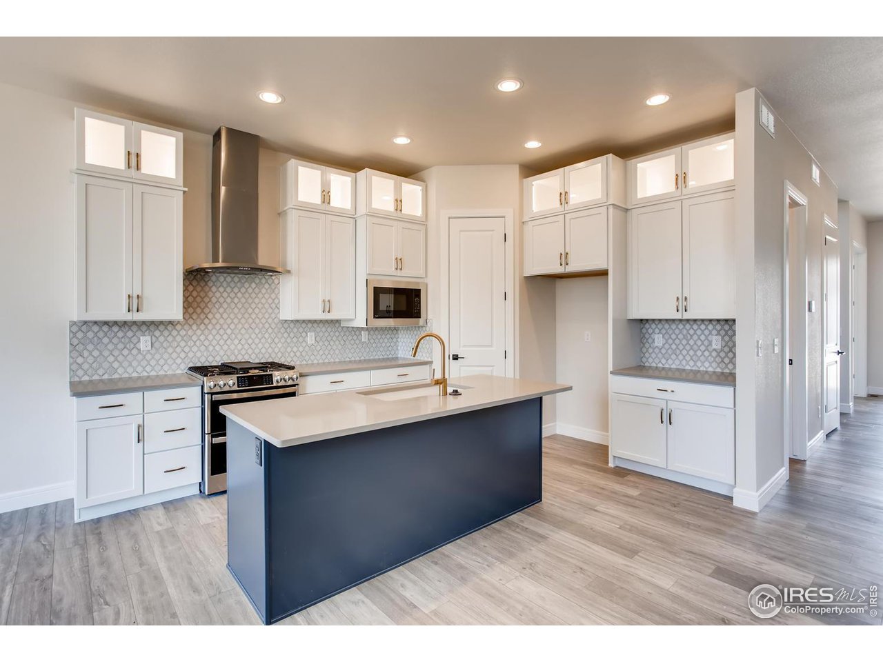 822 Canoe Birch Drive Windsor, CO 80550 - Photo 4 of 14 a kitchen with stainless steel appliances granite countertop a stove a sink dishwasher and a refrigerator with wooden floor