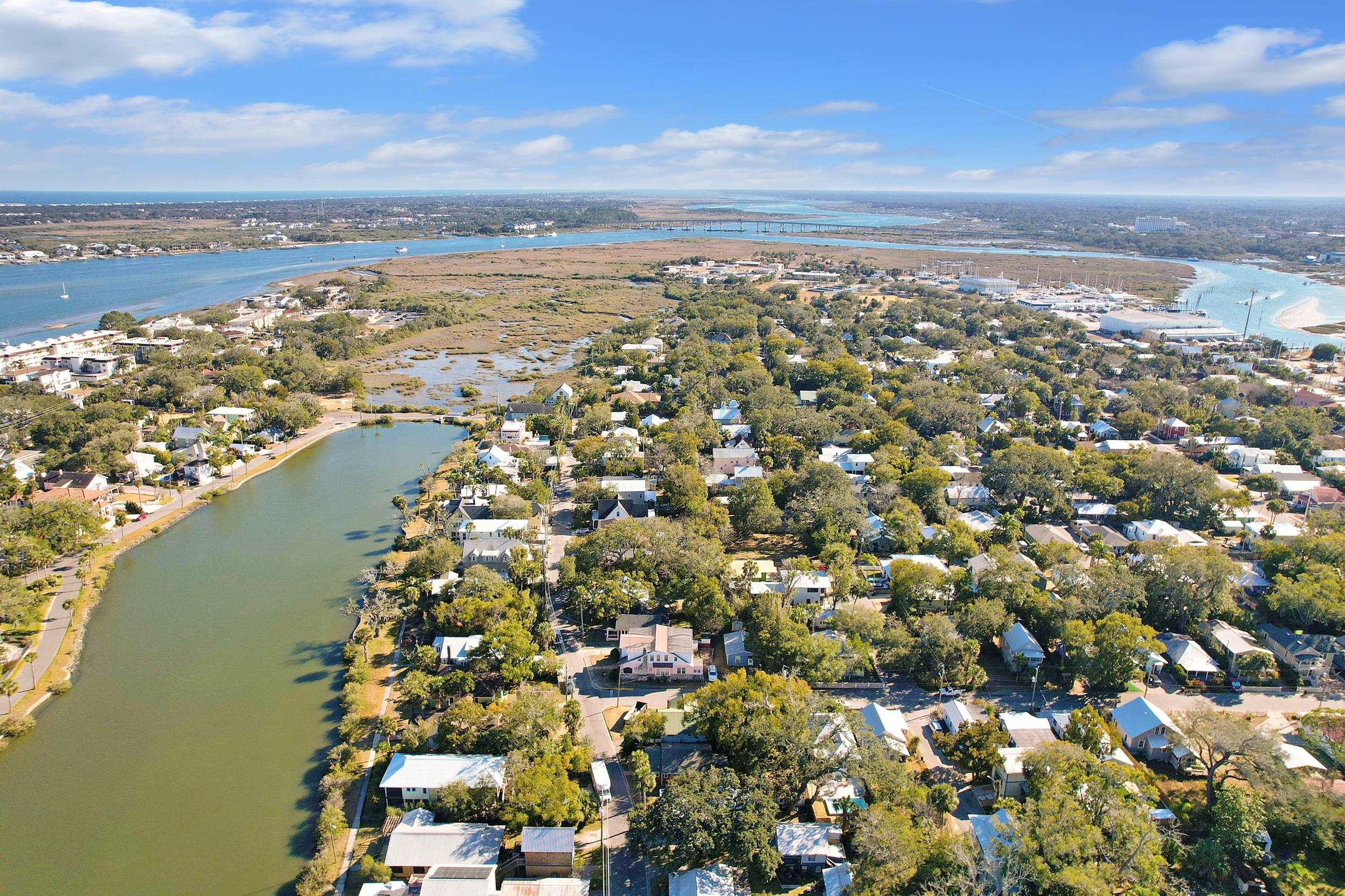 134 Washington Street St. Augustine, FL 32084 - Photo 40 of 41 Aerial view of residential area with a nearby body of water