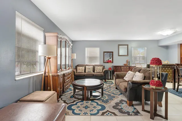 a living room with furniture a rug and a window