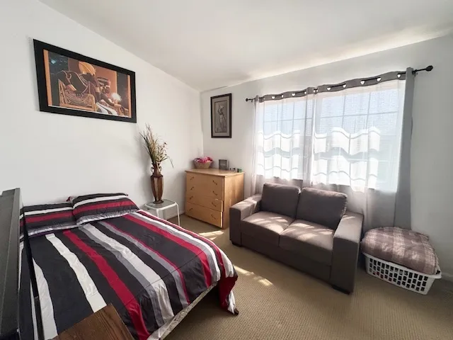 a bedroom with a bed and a couch