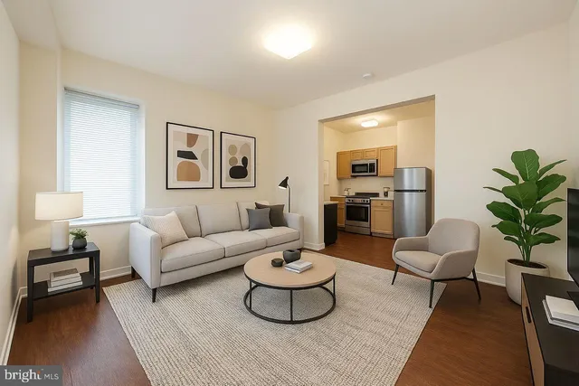 a living room with furniture and a potted plant