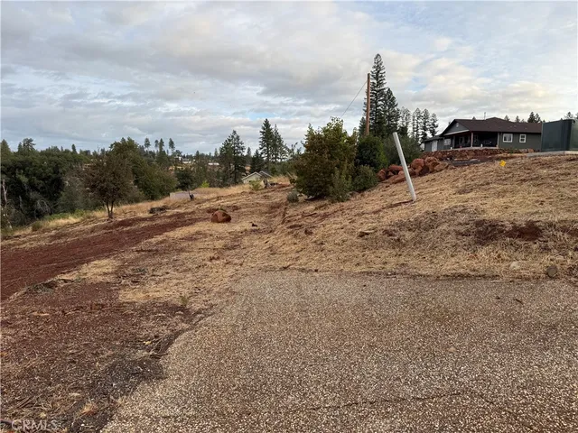 a view of a dry yard with wooden fence